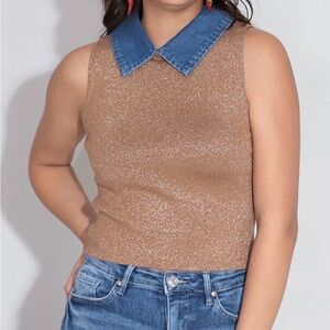 Sleeveless Metallic Tan Knit Top with Denim Collar